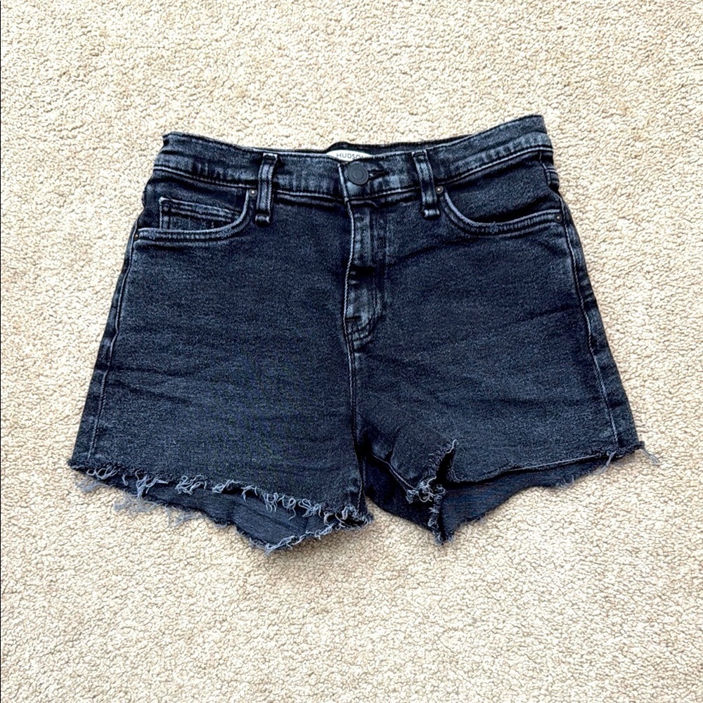Hudson Gemma High Rise Frayed Hem Jet Black Denim Shorts
